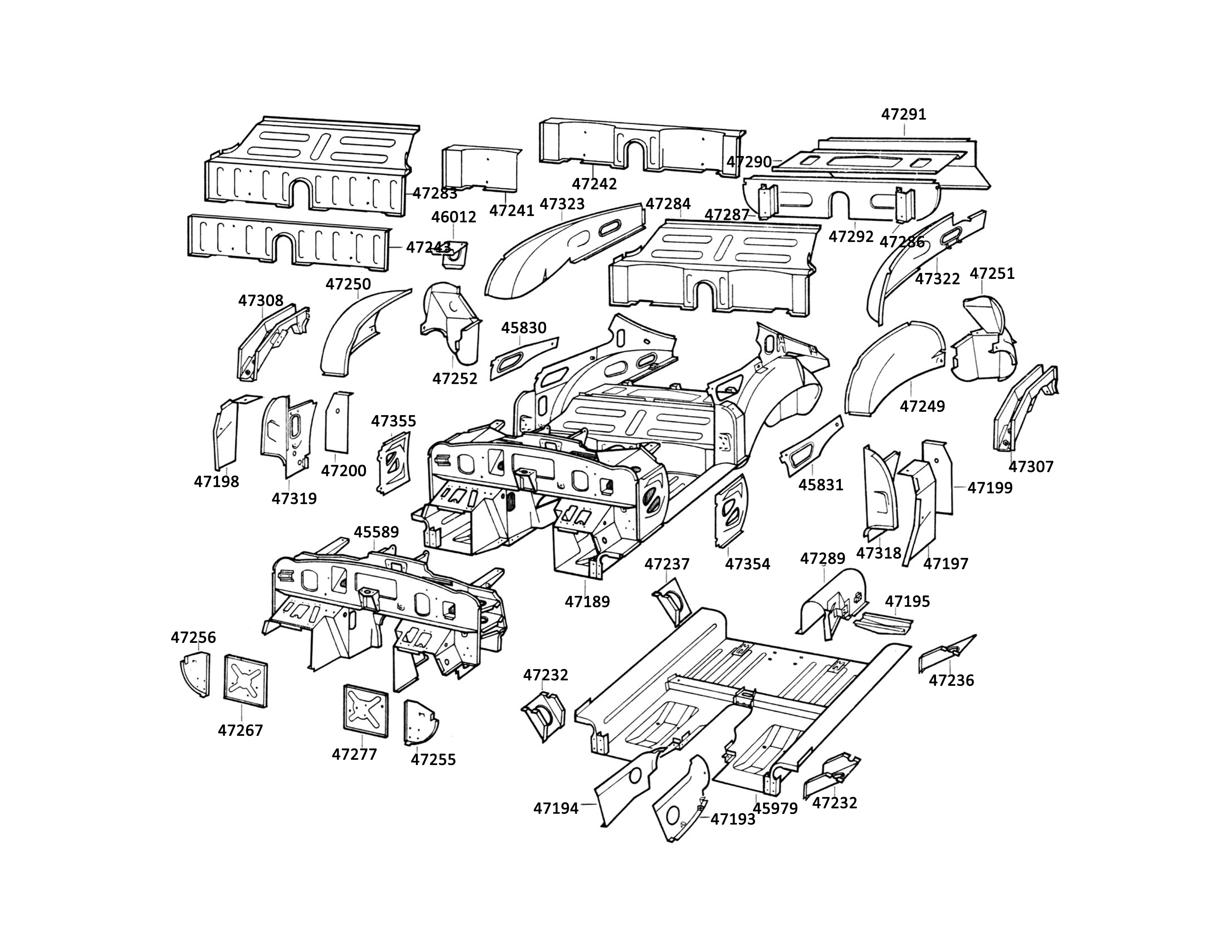jaguar e-type s1-3-8 body body-fittings-fixed-head-coupe underframe-panels-3-8